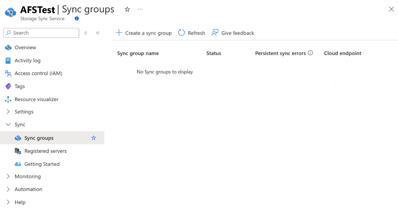 Azure 门户中同步组窗格的屏幕截图。