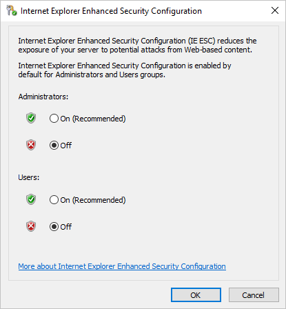 Internet Explorer 增强的安全配置对话框的屏幕截图，其中选择了“关闭”选项。