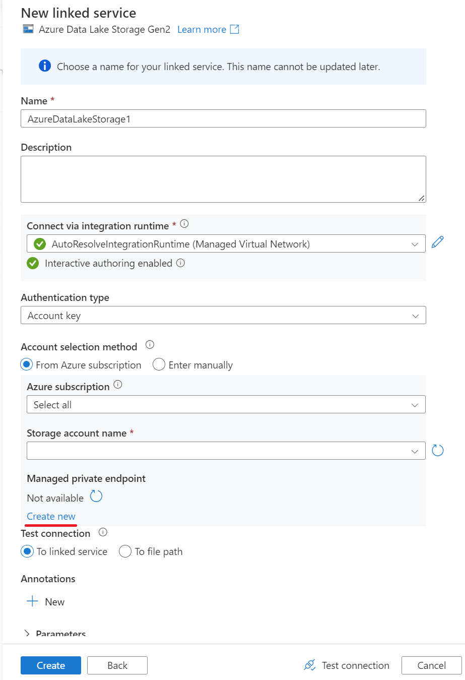 屏幕截图显示了一个新的 Azure SQL Server 2022 数据库链接服务专用终结点 1。