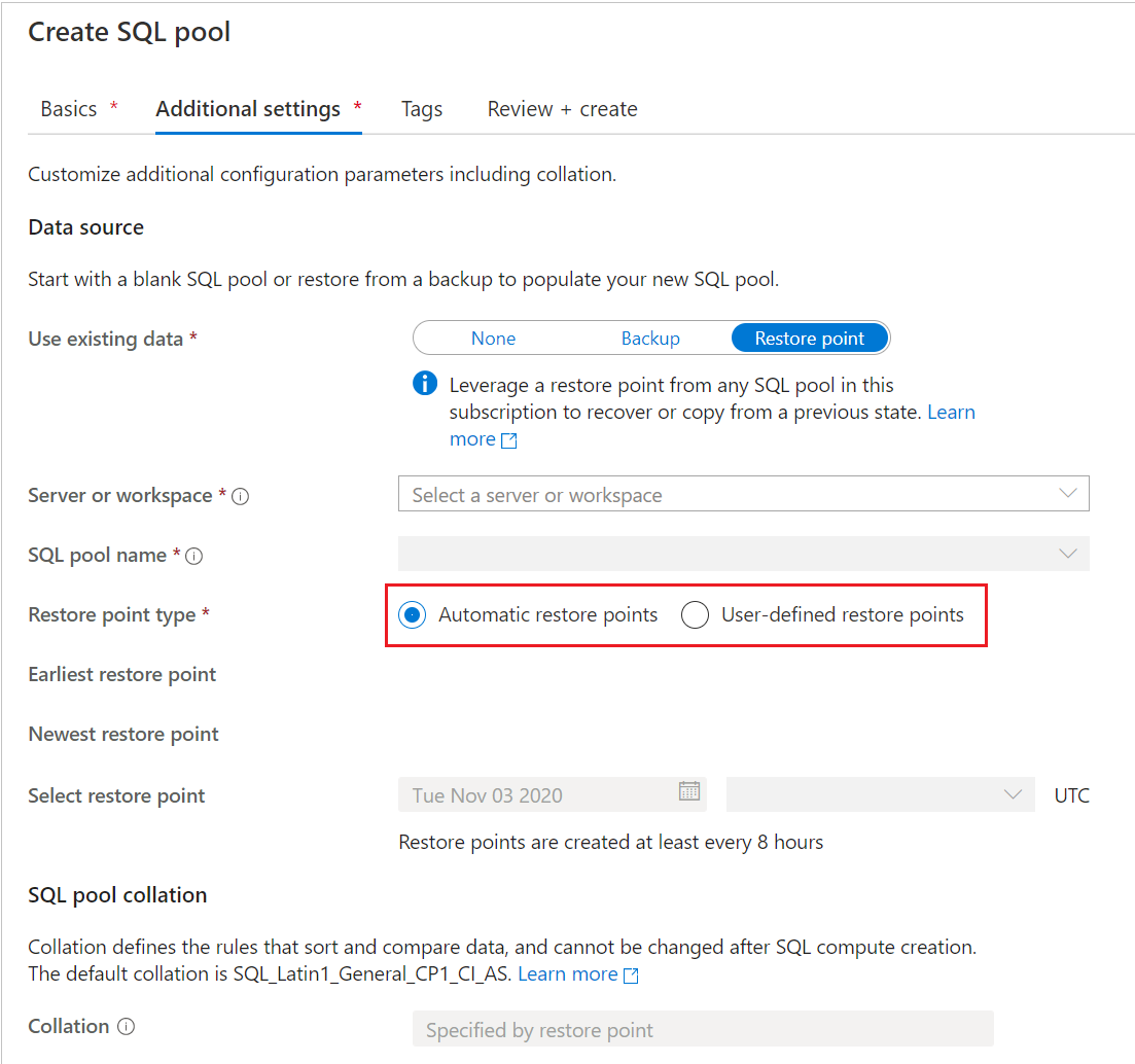 Azure 门户、“创建 SQL 池”页和“其他设置”页中的屏幕截图。对于“还原点”类型，已选择“自动还原点”单选按钮。
