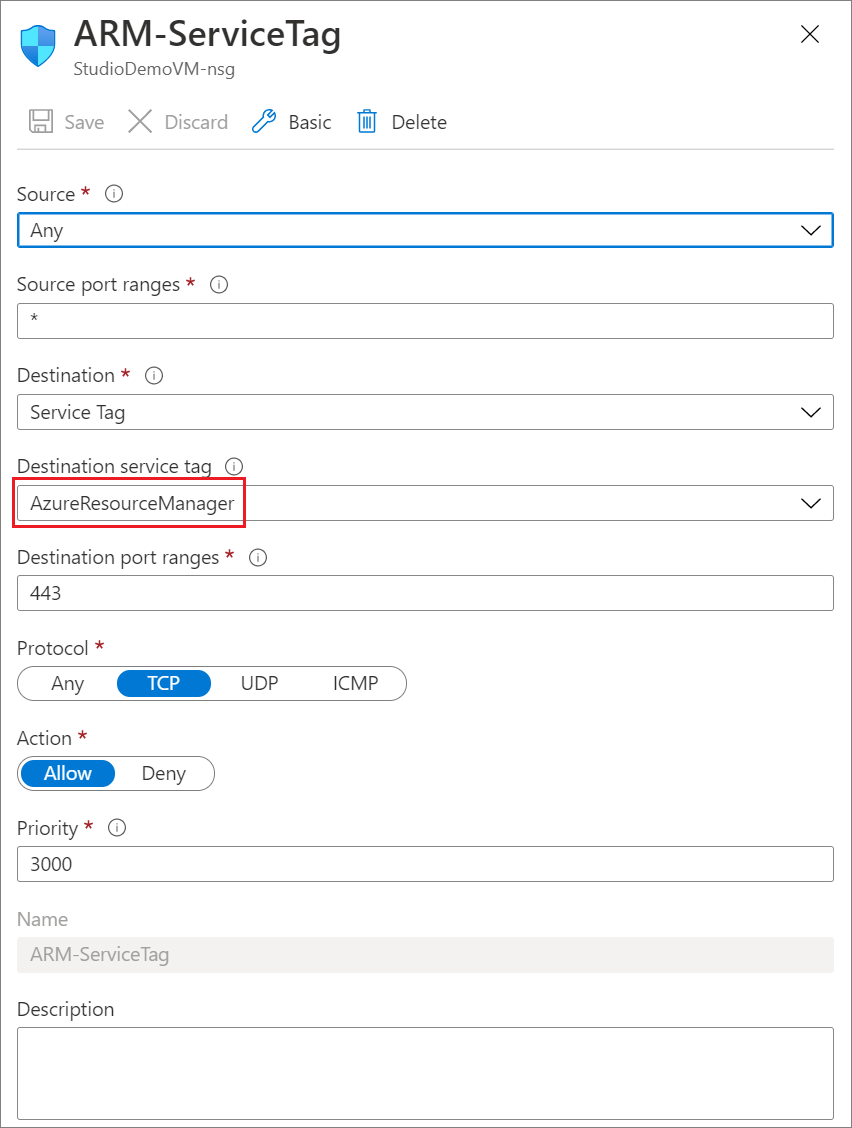 Azure 资源管理器服务标记详细信息的屏幕截图。