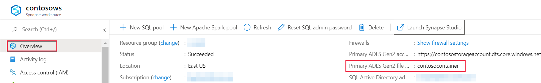 Azure 门户的屏幕截图，其中显示了 Data Lake Storage Gen2 文件的名称“contosocontainer”。