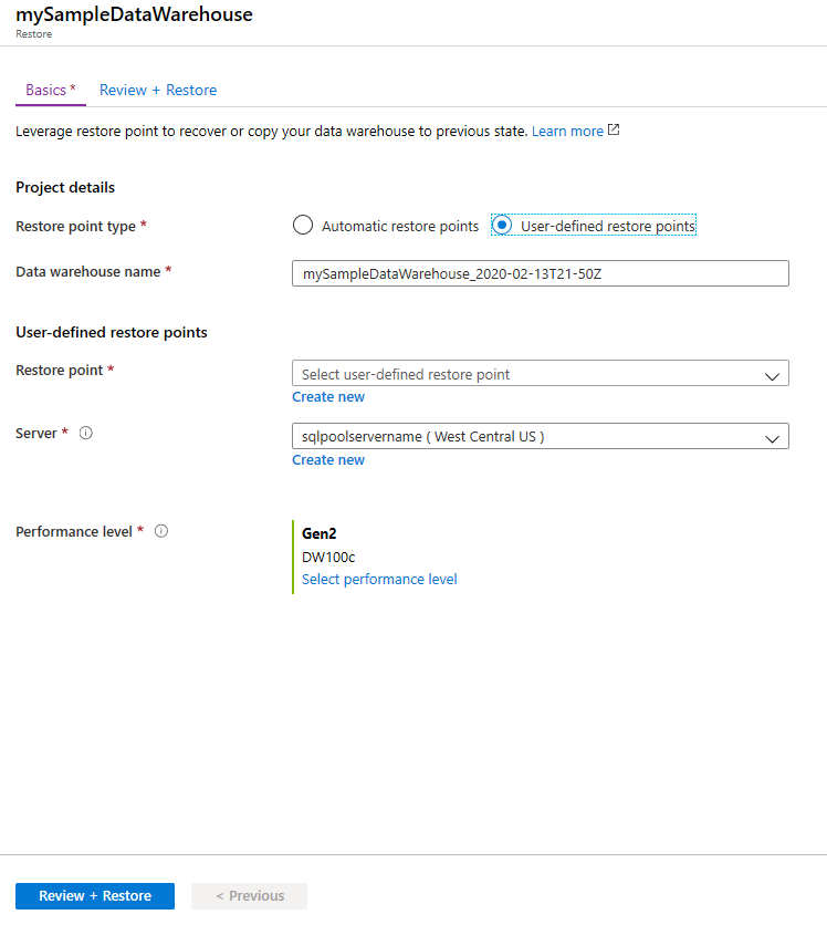 Azure 门户的专用 SQL 池“还原”页的屏幕截图。对于“还原点类型”，已选中“用户定义的还原点”单选按钮。