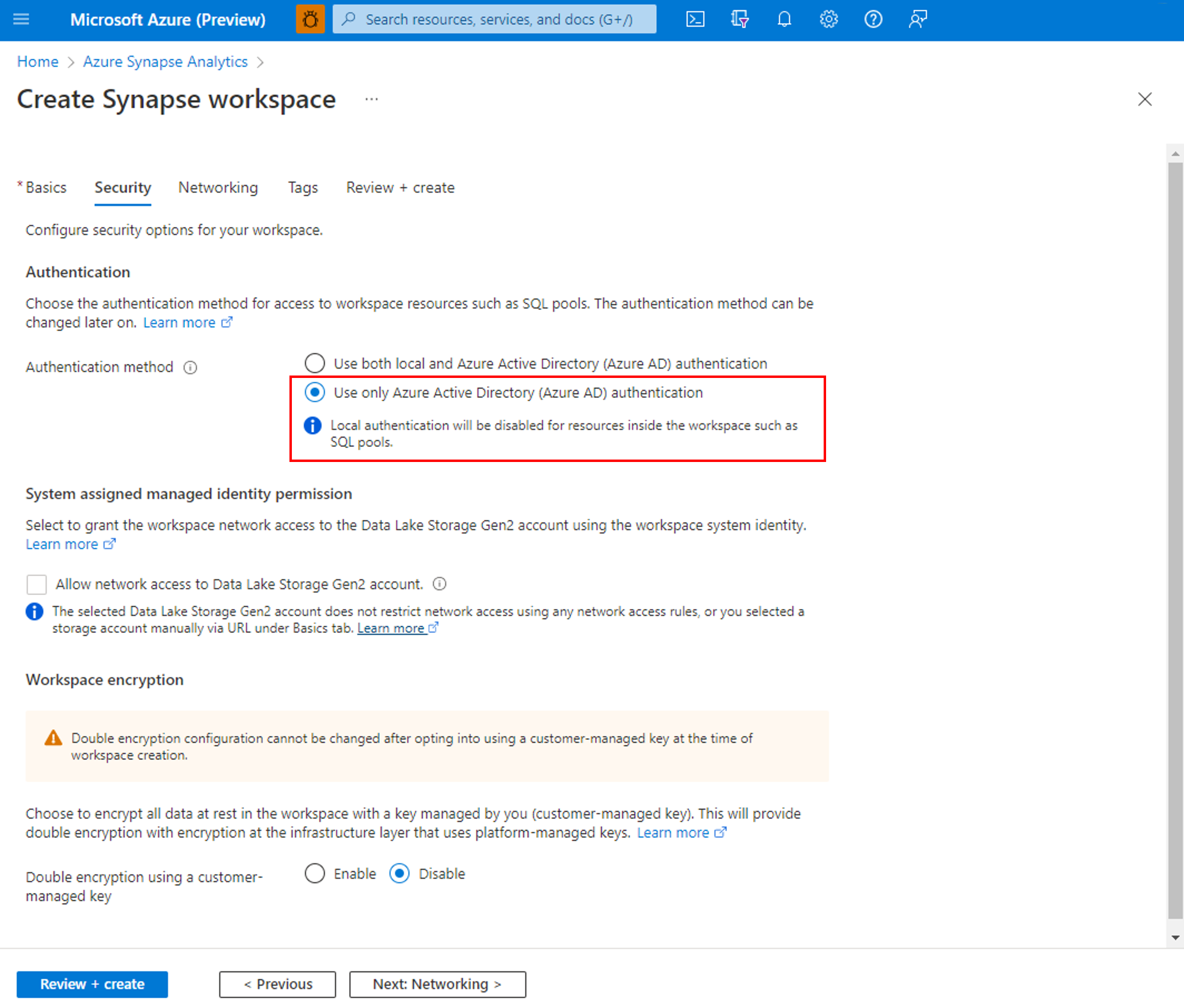 创建工作区时配置 Microsoft Entra 专用身份验证