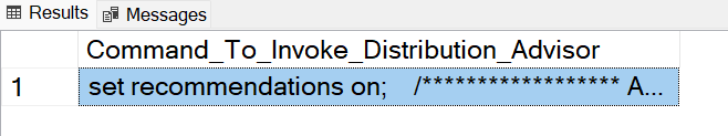 显示Command_to_Invoke_Distribution_Advisor的 T-SQL 结果输出的屏幕截图。