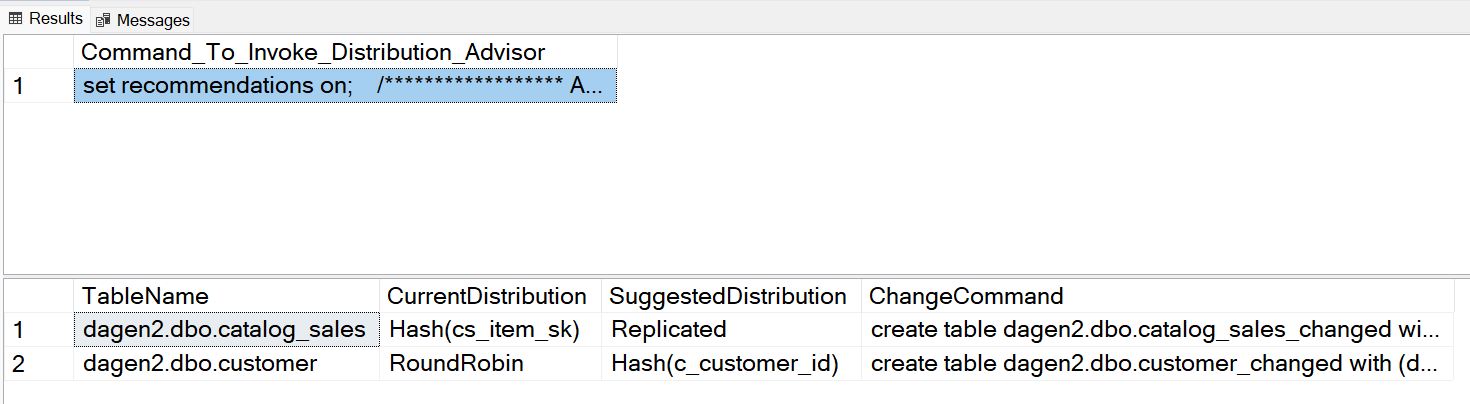 T-SQL 结果输出的屏幕截图，显示了 `Command_to_Invoke_Distribution_Advisor` 命令，其第二个结果集中包含了表更改的 T-SQL 命令。
