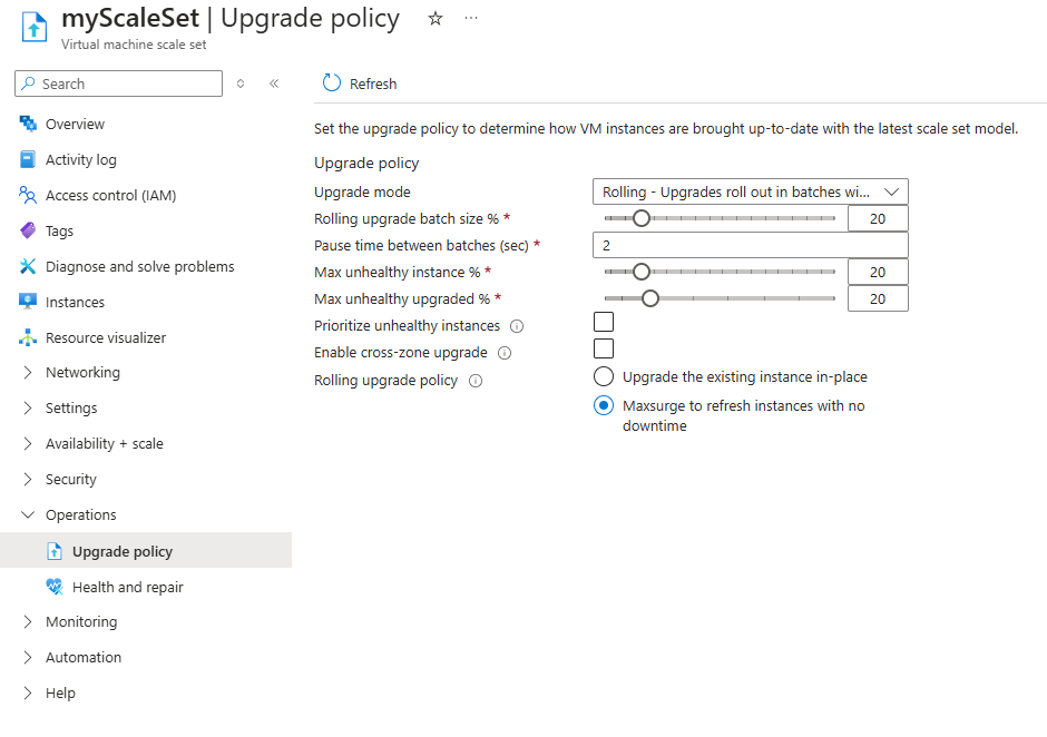 显示更新升级策略并在 Azure 门户中启用 MaxSurge 的屏幕截图。