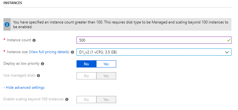 下图显示了Azure Portal的实例边栏选项卡。可以选择实例计数和实例大小的选项可用。