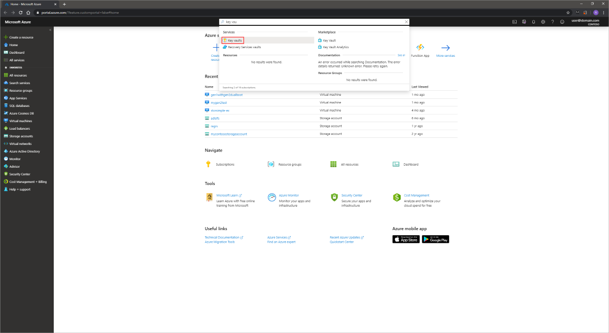 Azure 门户的截图，搜索对话框已展开。