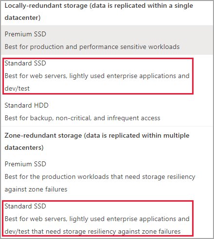磁盘 SKU 的屏幕截图，其中突出显示了标准 SSD LRS 和 ZRS。
