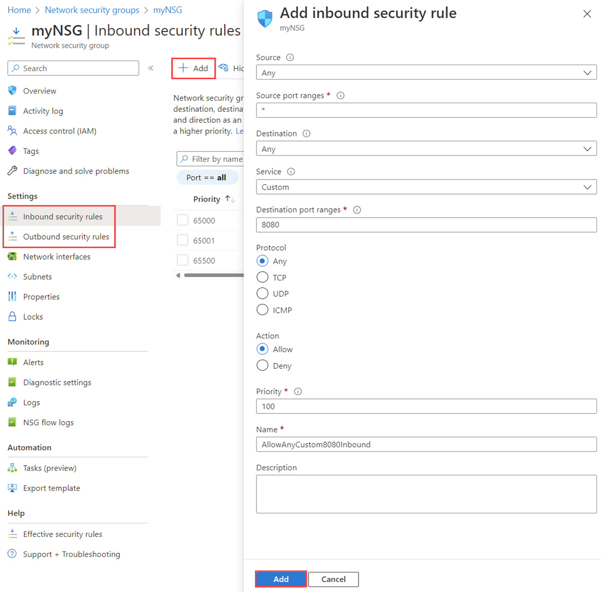 Azure 门户中网络安全组中添加安全规则的屏幕截图。