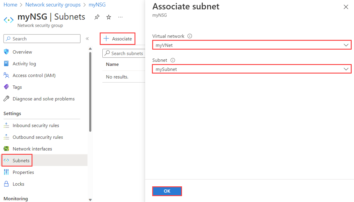 在 Azure 门户中将网络安全组关联到某子网的屏幕截图。