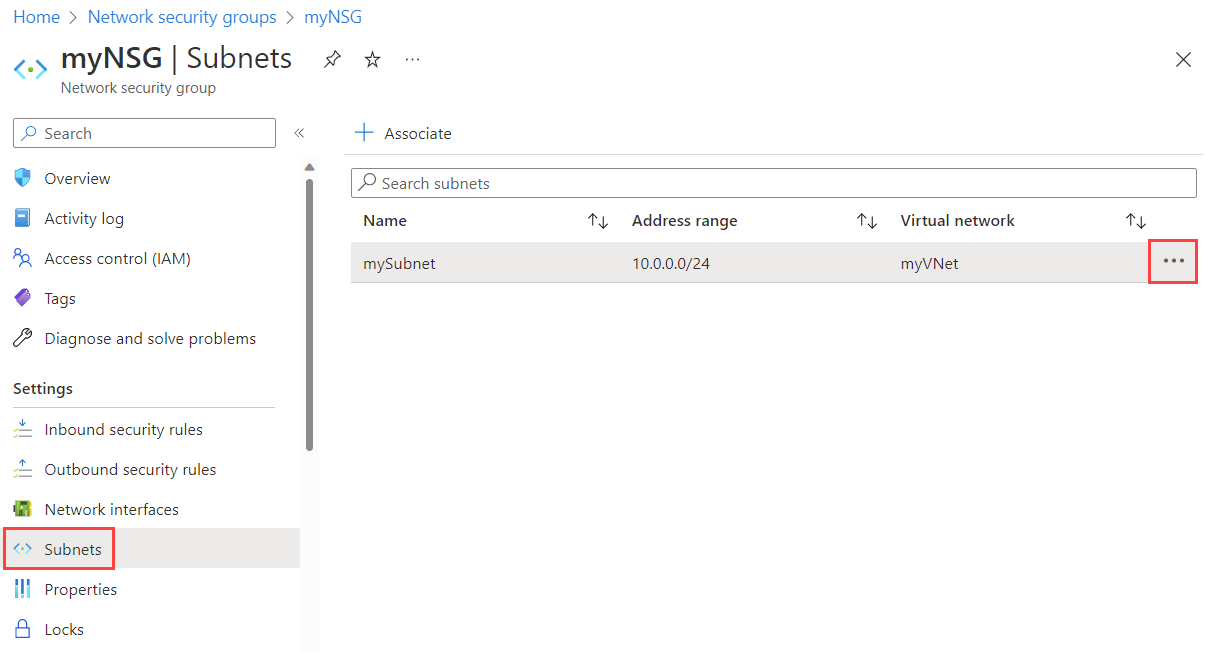 在 Azure 门户中解除子网的 NSG 关联的屏幕截图。