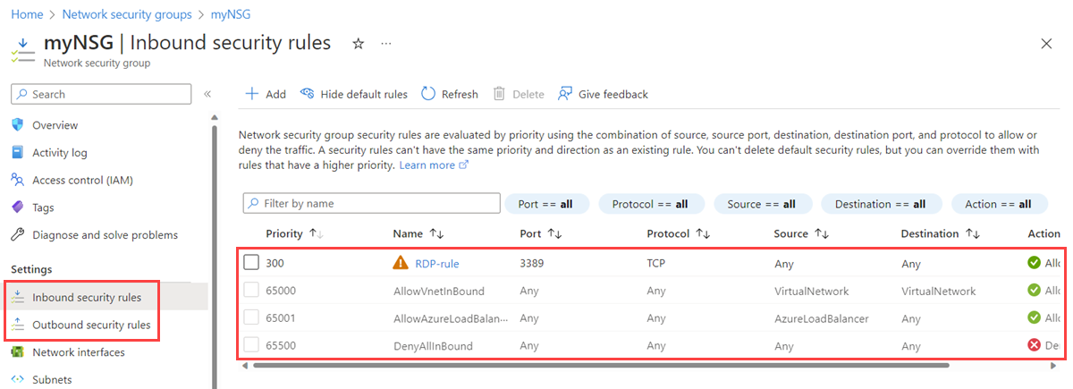 Azure 门户中网络安全组的入站安全规则的屏幕截图。
