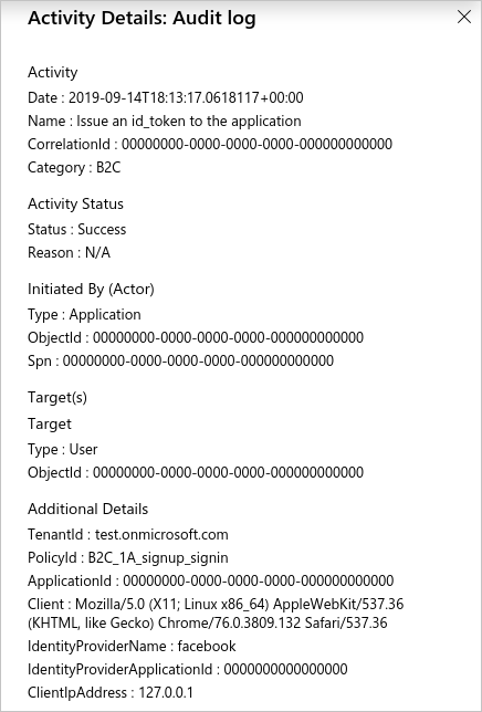Azure 门户中的“审核日志活动详细信息”页示例