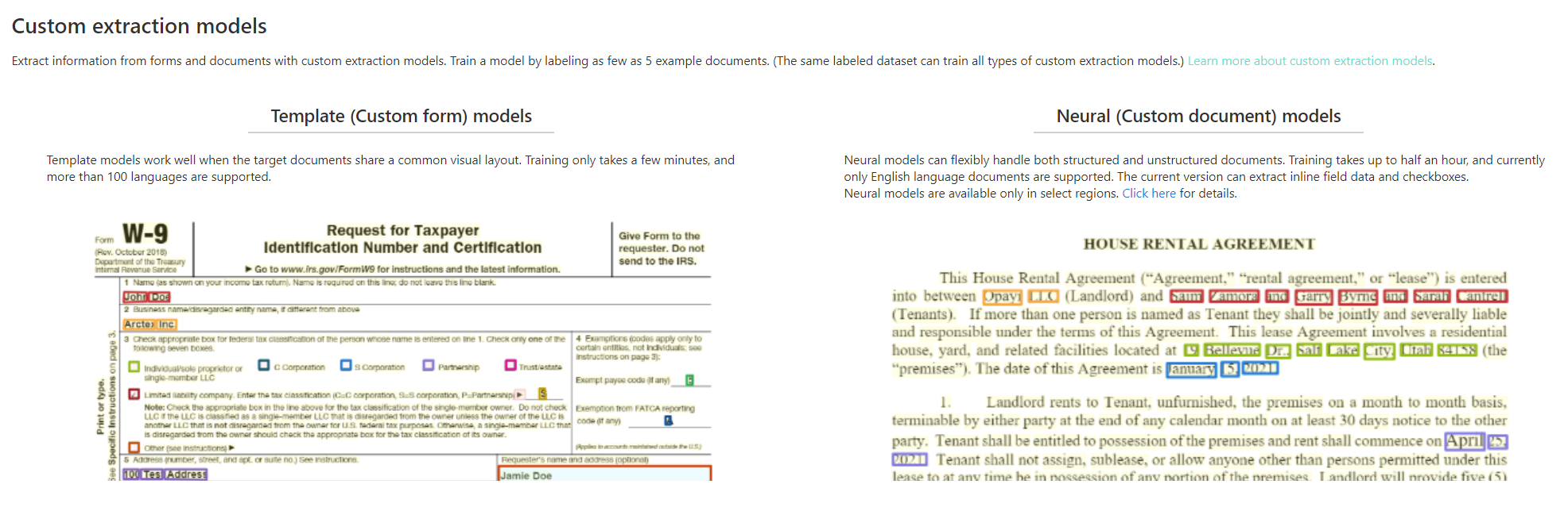 显示 Document Intelligence Studio 中的自定义提取模型分析的屏幕截图。