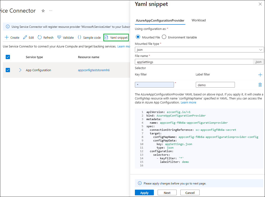 显示 AzureAppConfigurationProvider 的屏幕截图。