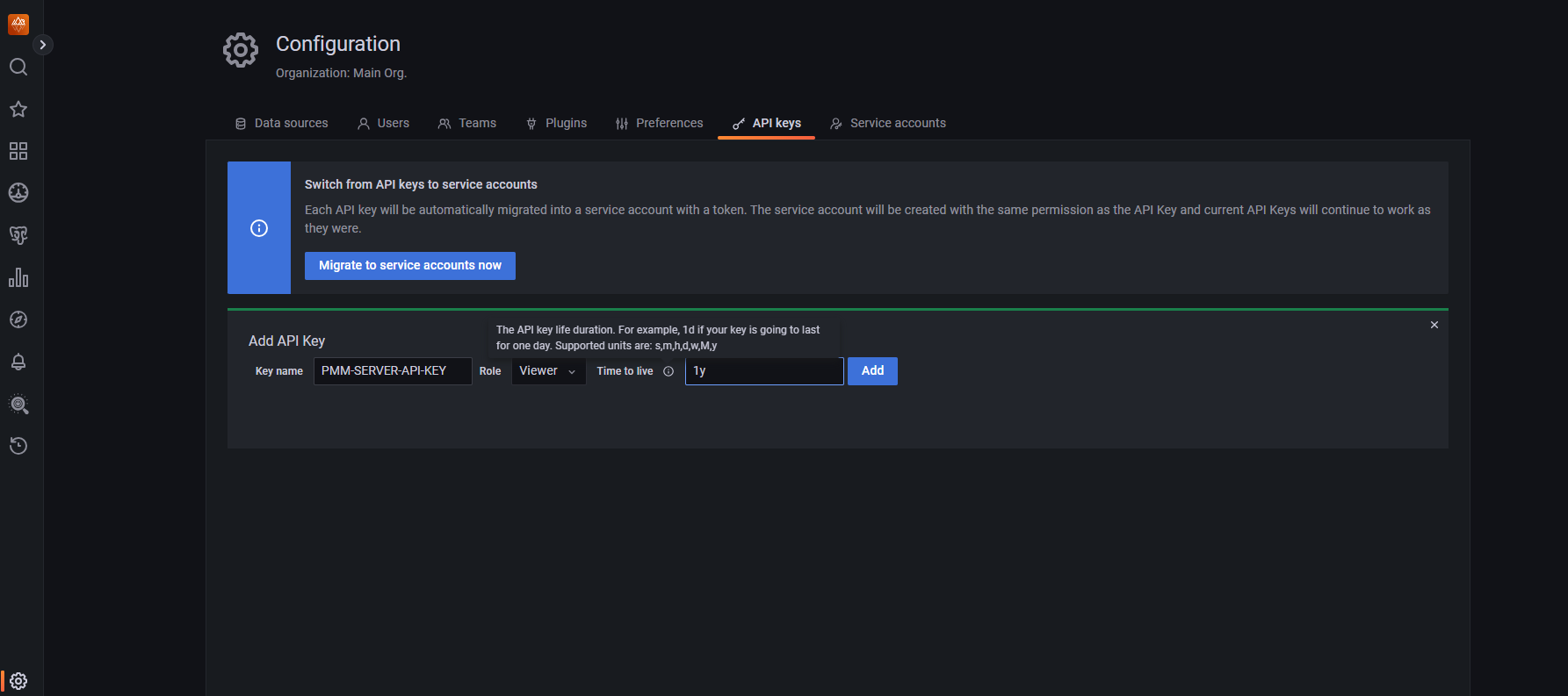 Screenshot of a web page showing the PMM Mongodb dashboard with API key generated.