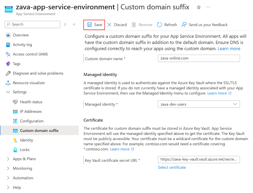 显示如何在 Azure 门户中保存自定义域后缀更改的屏幕截图。
