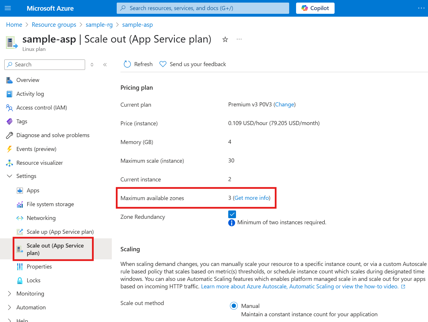 Azure 门户中应用服务计划的横向扩展部分中最大可用区域属性的屏幕截图。