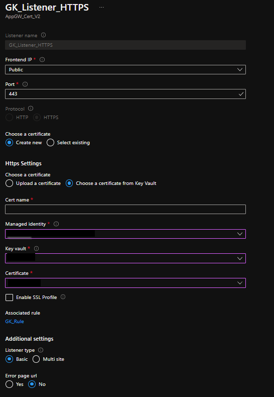 屏幕截图显示了使用密钥保管库的应用程序网关
