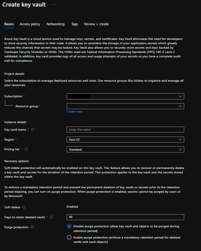 屏幕截图显示了密钥保管库的创建