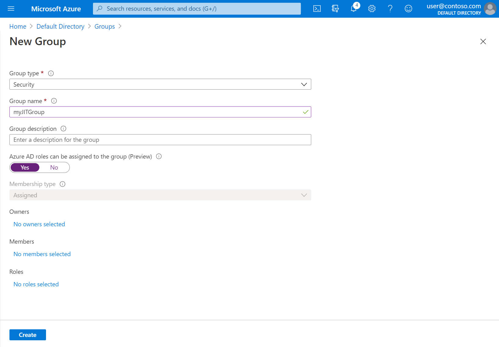 显示 Azure 门户中新组的详细信息的屏幕截图。