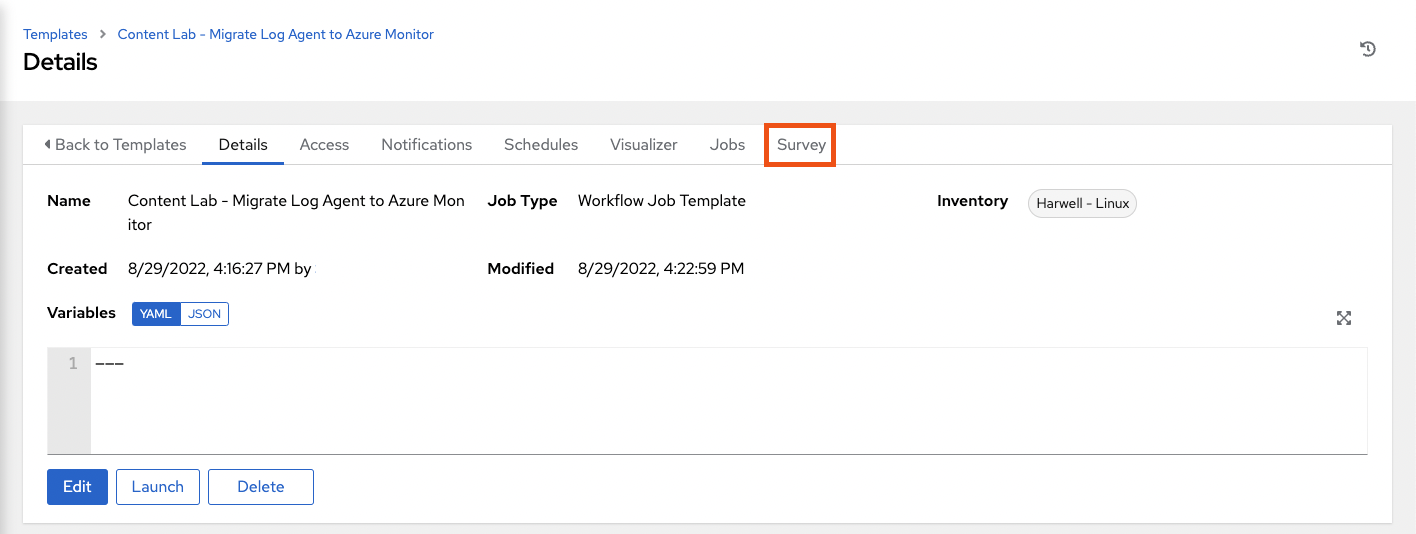 模板详细信息窗口的屏幕截图，右侧突出显示了调查选项卡。