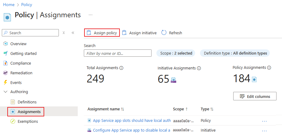 Azure 门户中“策略分配”页的屏幕截图。