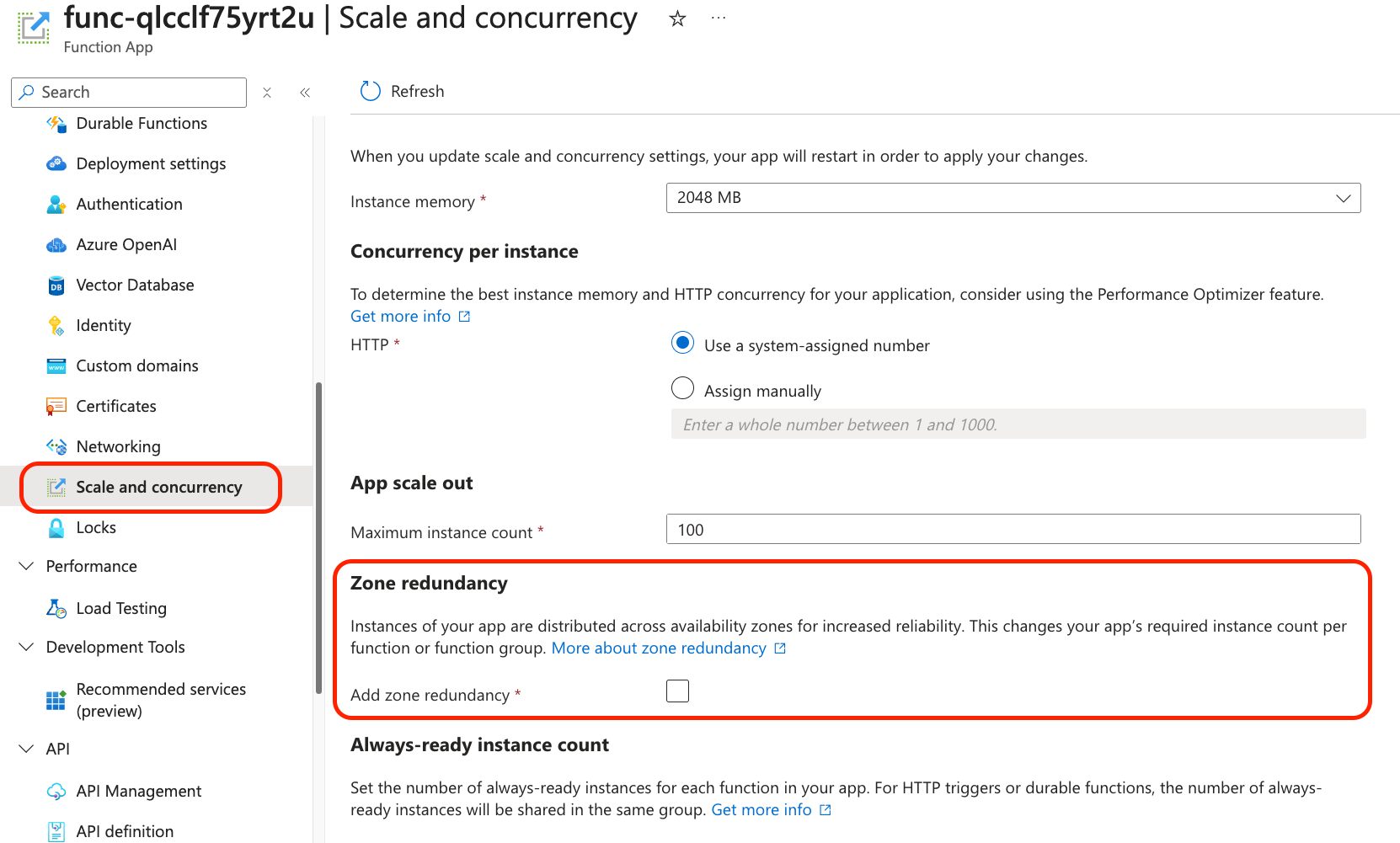 Flex Consumption 函数应用的“缩放和并发”选项卡的屏幕截图。