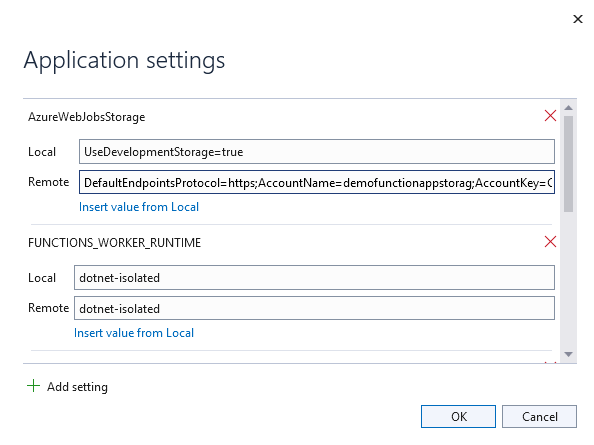 应用程序设置对话框的屏幕截图,其中显示了各种设置的本地值和远程值,以及用于添加和编辑值的控件。