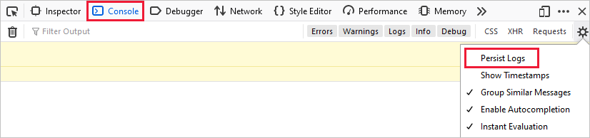 Firefox 中“保留日志”的“控制台”设置的屏幕截图