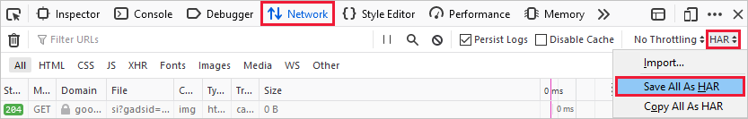 Firefox 中“网络”选项卡上的“全部另存为 HAR”命令的屏幕截图。