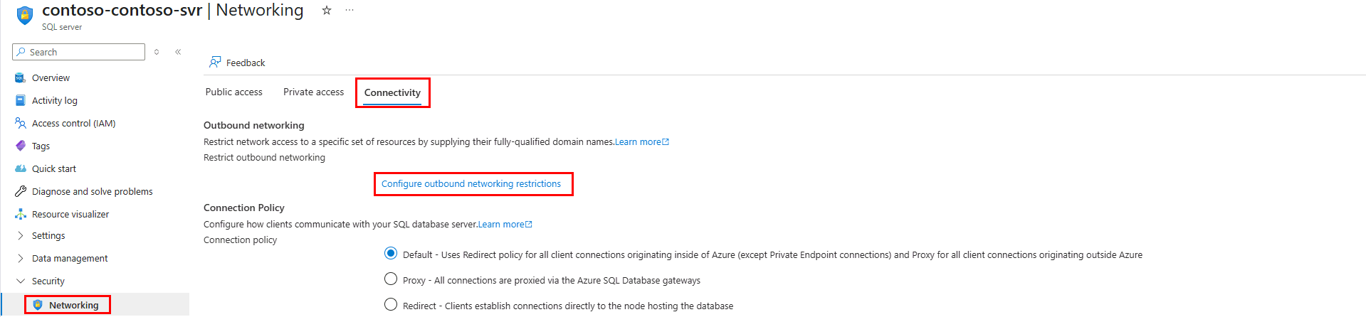出站网络部分的截图和配置出站网络限制的链接。