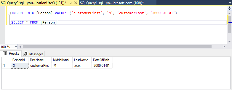 SQL Server Management Studio （SSMS）的屏幕截图，其中显示了一个简单的“INSERT”和“SELECT”语句。“SELECT”语句在 LastName 列中显示屏蔽的数据。