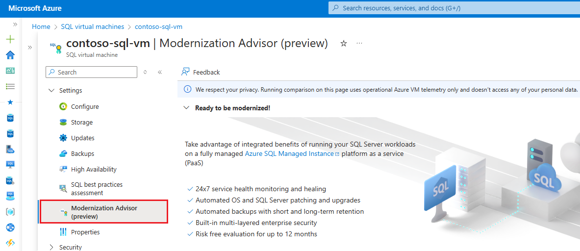 Azure 门户中现代化顾问的屏幕截图。