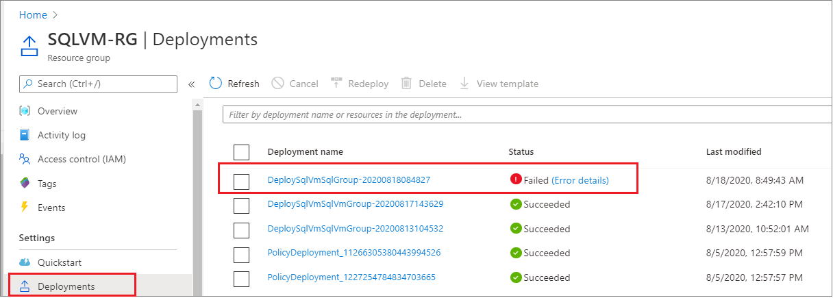 Azure 门户的屏幕截图，其中显示了部署列表中的失败可用性组部署。