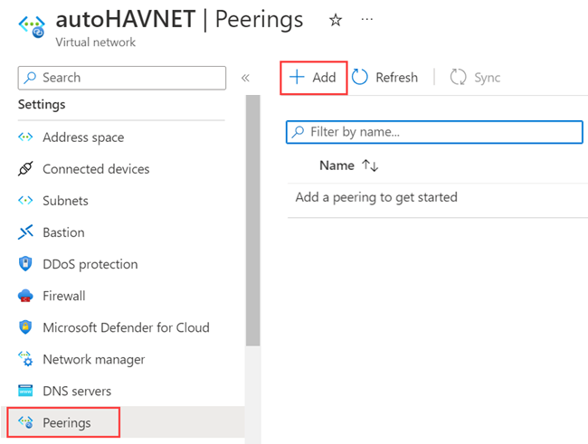 Azure 门户的屏幕截图，其中了用于添加虚拟网络对等互连的选项。