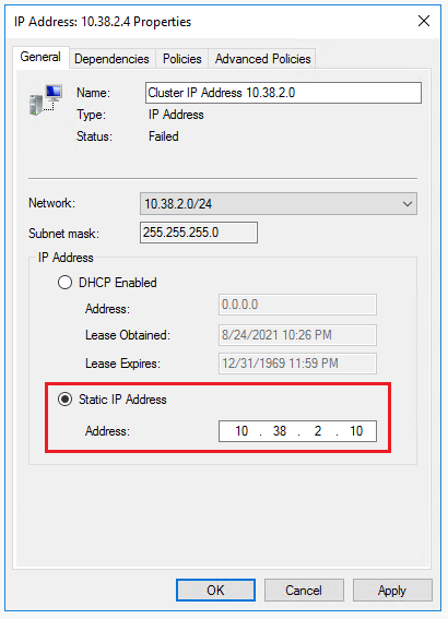 对第二个失败的“IP 地址”****资源重复上述步骤，使用另一个 SQL Server VM 的子网的专用 Windows 群集 IP 地址。