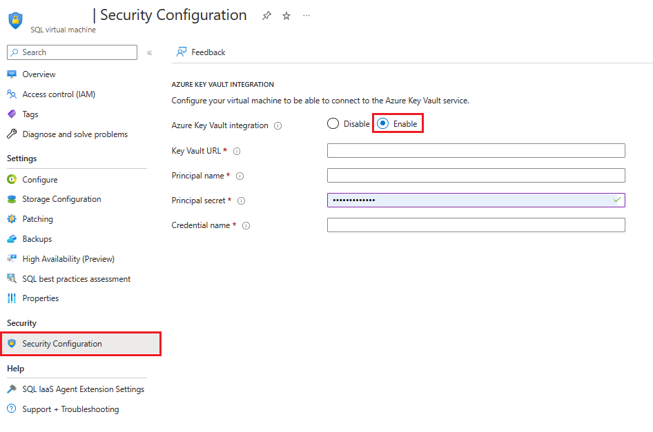 Azure 门户中现有 Azure 虚拟机上的 SQL Server 的 Key Vault 集成设置屏幕截图。