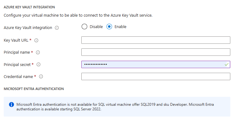 Azure 门户中 Azure VM 上现有 SQL Server 的 Key Vault 集成设置的屏幕截图。