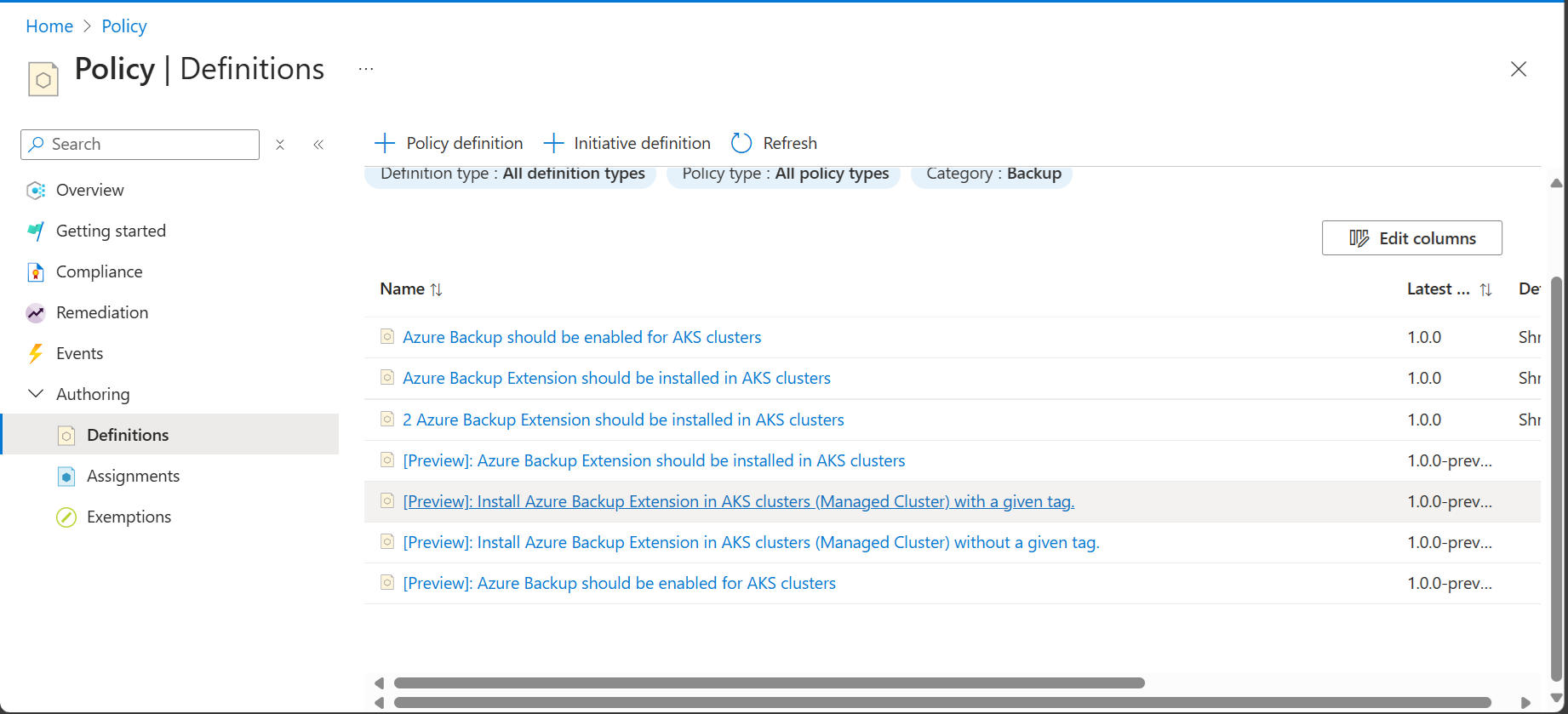 显示如何在策略仪表板中心按类别筛选列表的屏幕截图。