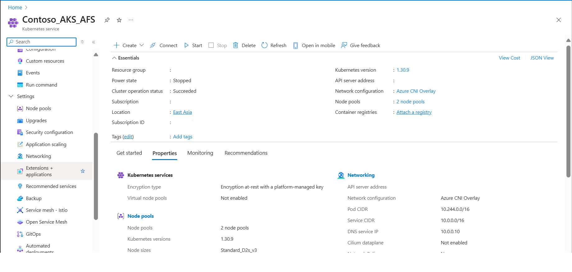 屏幕截图显示了 Azure 门户中的 AKS 群集。