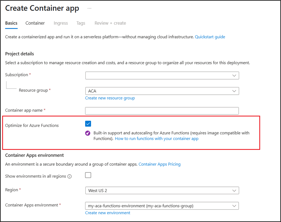 在 Azure 门户中创建已为 Azure Functions 预先配置的容器应用时的截图。