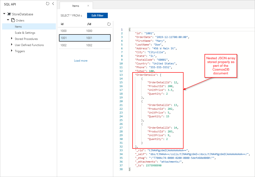 显示 Azure Cosmos DB 文档中订单详细信息的屏幕截图