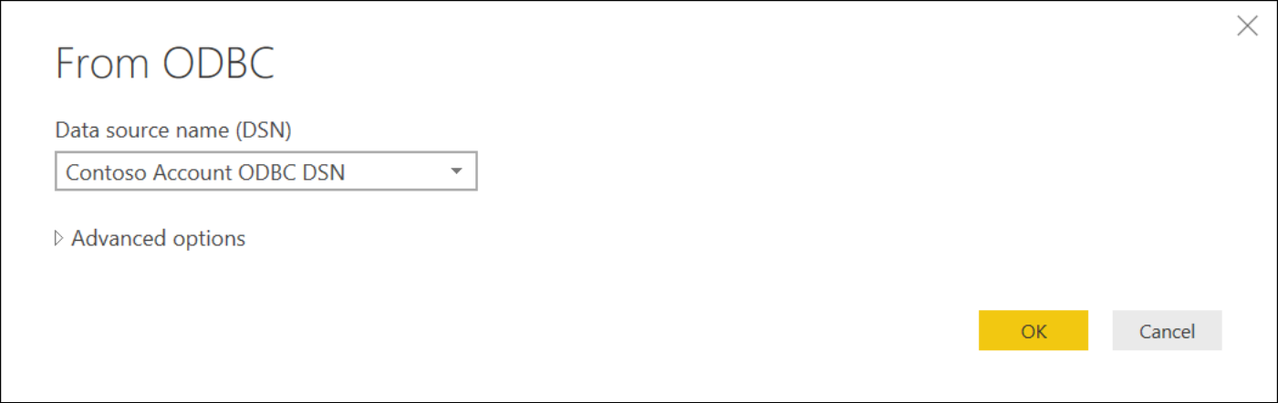 显示在 Power BI“获取数据”中选择 DSN 的屏幕截图。