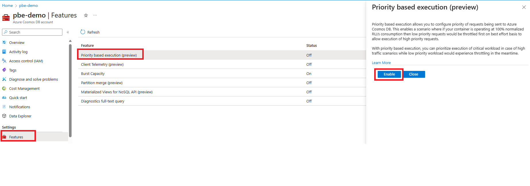 在 Azure Cosmos DB 帐户的功能页面中，基于优先级的执行功能的屏幕截图。