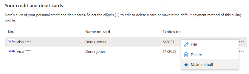 “付款方式溢出”菜单的屏幕截图，其中突出显示了“设为默认”选项。