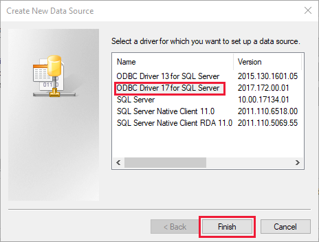ODBC 驱动程序选择对话框的屏幕截图，其中选择了 ODBC Driver 17 for SQL Server。