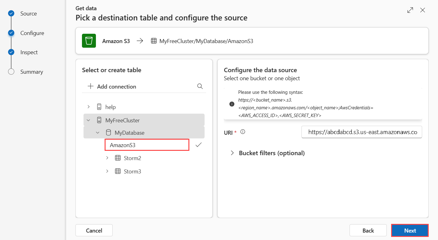 “配置”选项卡的屏幕截图,其中输入了新表,并粘贴了 Amazon S3 连接字符串。